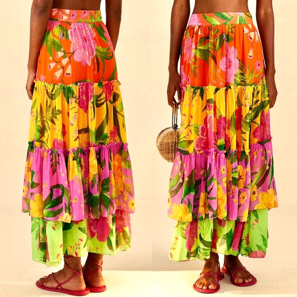 🌺🎉HP🎉🌺 NWT Anthropologie Farm Rio Romantic Garden Tiered Maxi Skirt